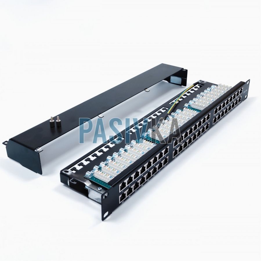 Патч-панель 48 портов RJ-45 19" 1U STP cat.5e с держателем кабеля Kingda KD-PP67-STP-C5E-48P, фото 3