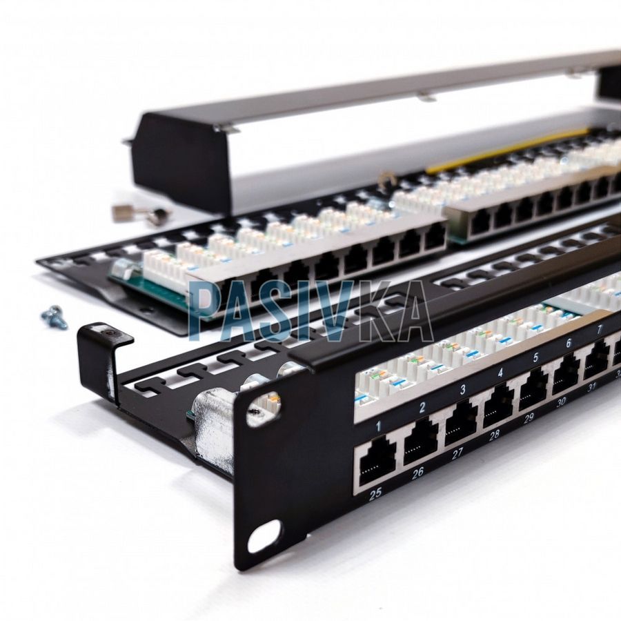 Патч-панель 48 портов RJ-45 19" 1U STP cat.5e с держателем кабеля Kingda KD-PP67-STP-C5E-48P, фото 7