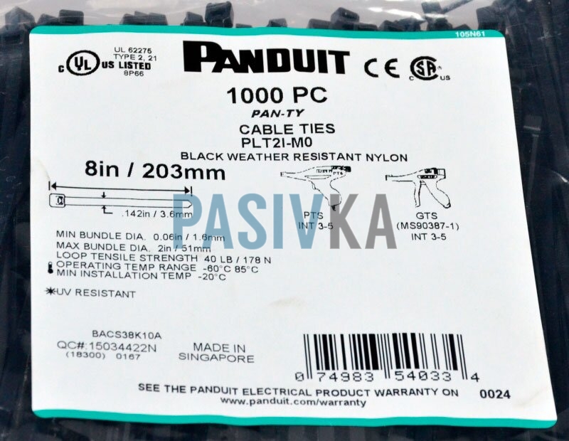 Стяжка 203x3.6 мм 1000 шт чорна атмосферостійка Panduit PLT2I-M0, фото 2